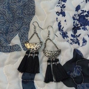 Silver-Tone Black Tassel Dangle Earrings